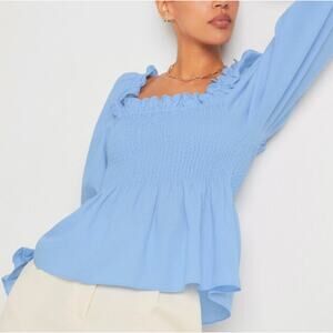 NWT Ephemera Pacific Valentina Cotton Linen Smocked Blouse Blue Babydoll Top